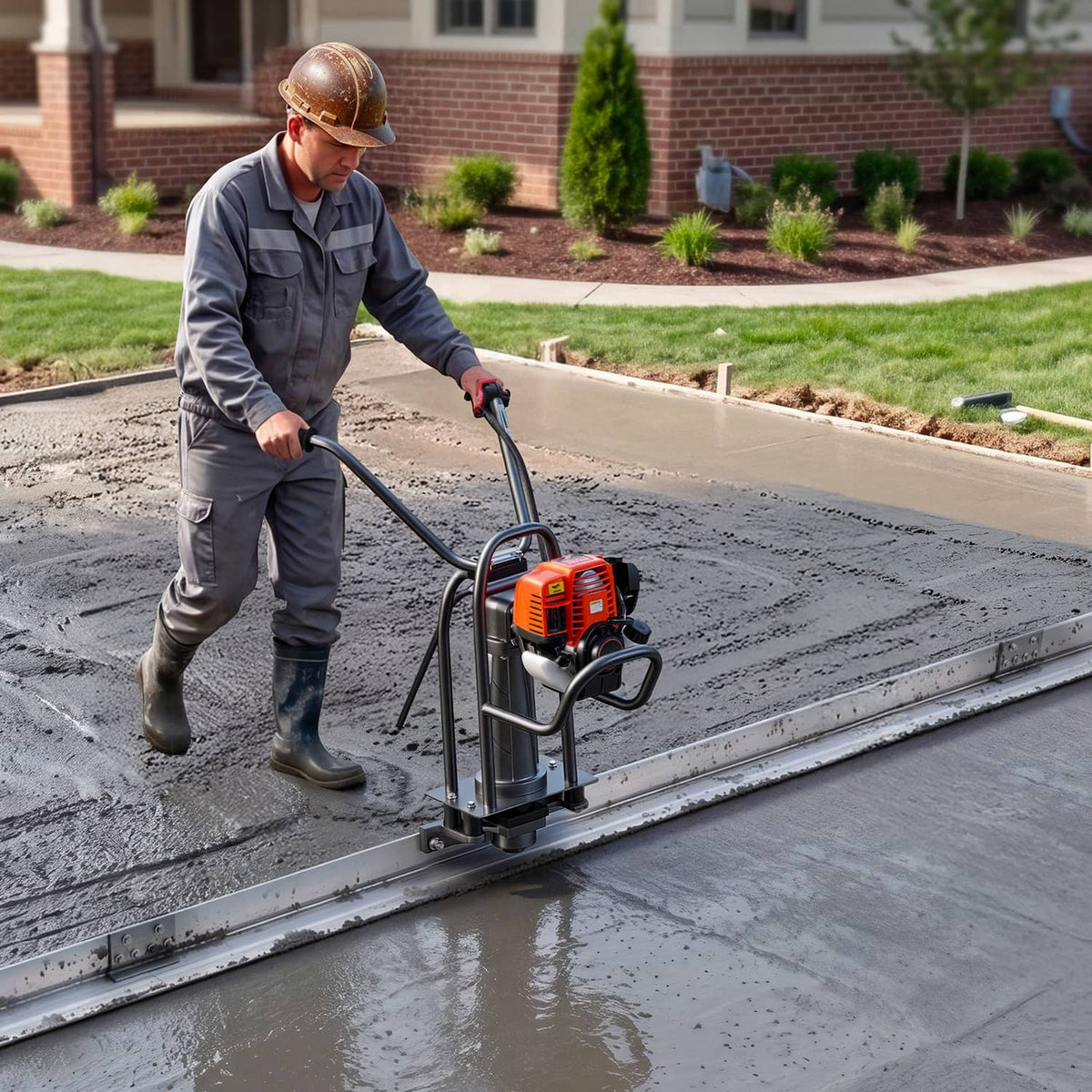 Worker using an aluminum alloy screed blade to level fresh concrete on a driveway
