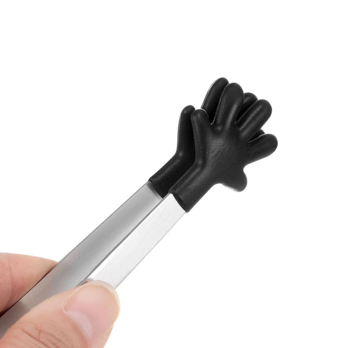 Close-up of black silicone hand grip on a mini stainless steel food tong