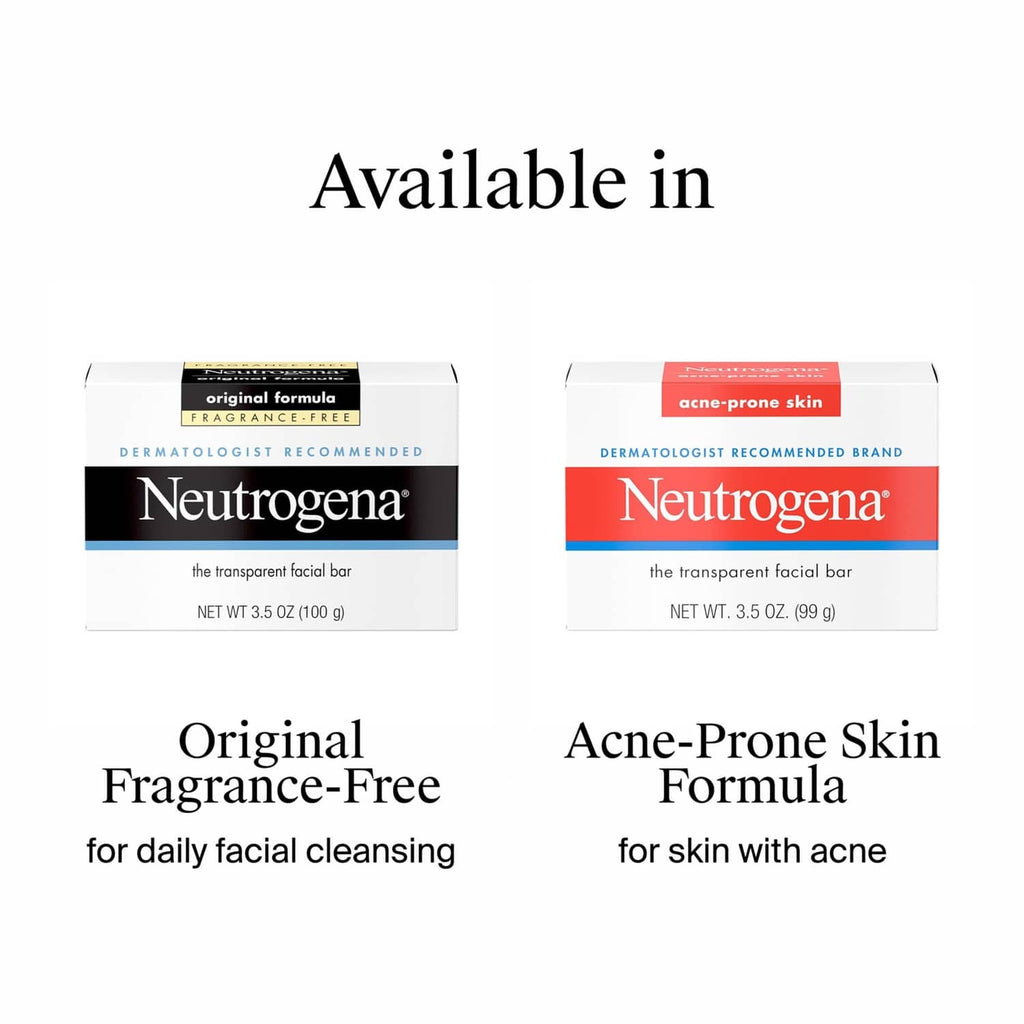 Neutrogena facial cleansing bar lineup, original and acne-prone boxes