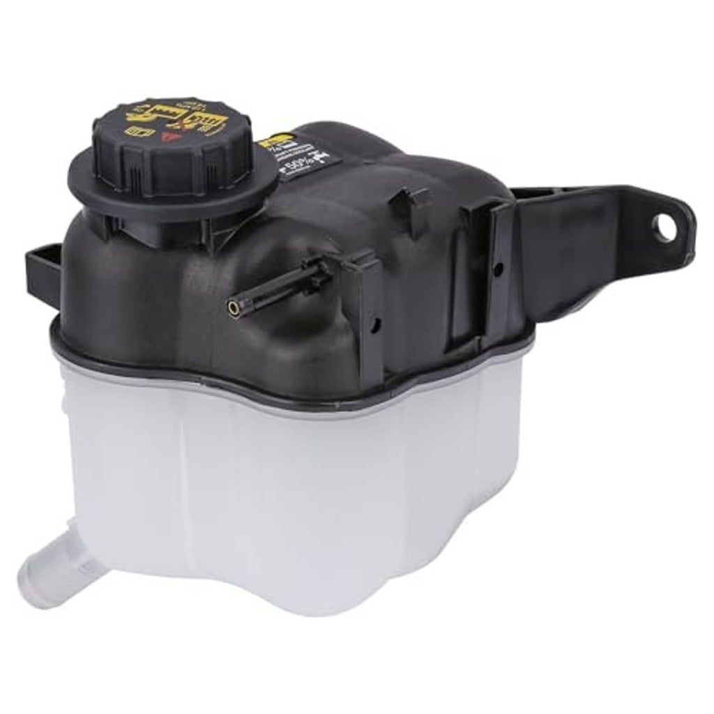 Coolant expansion tank with black cap, black housing, and white translucent reservoir