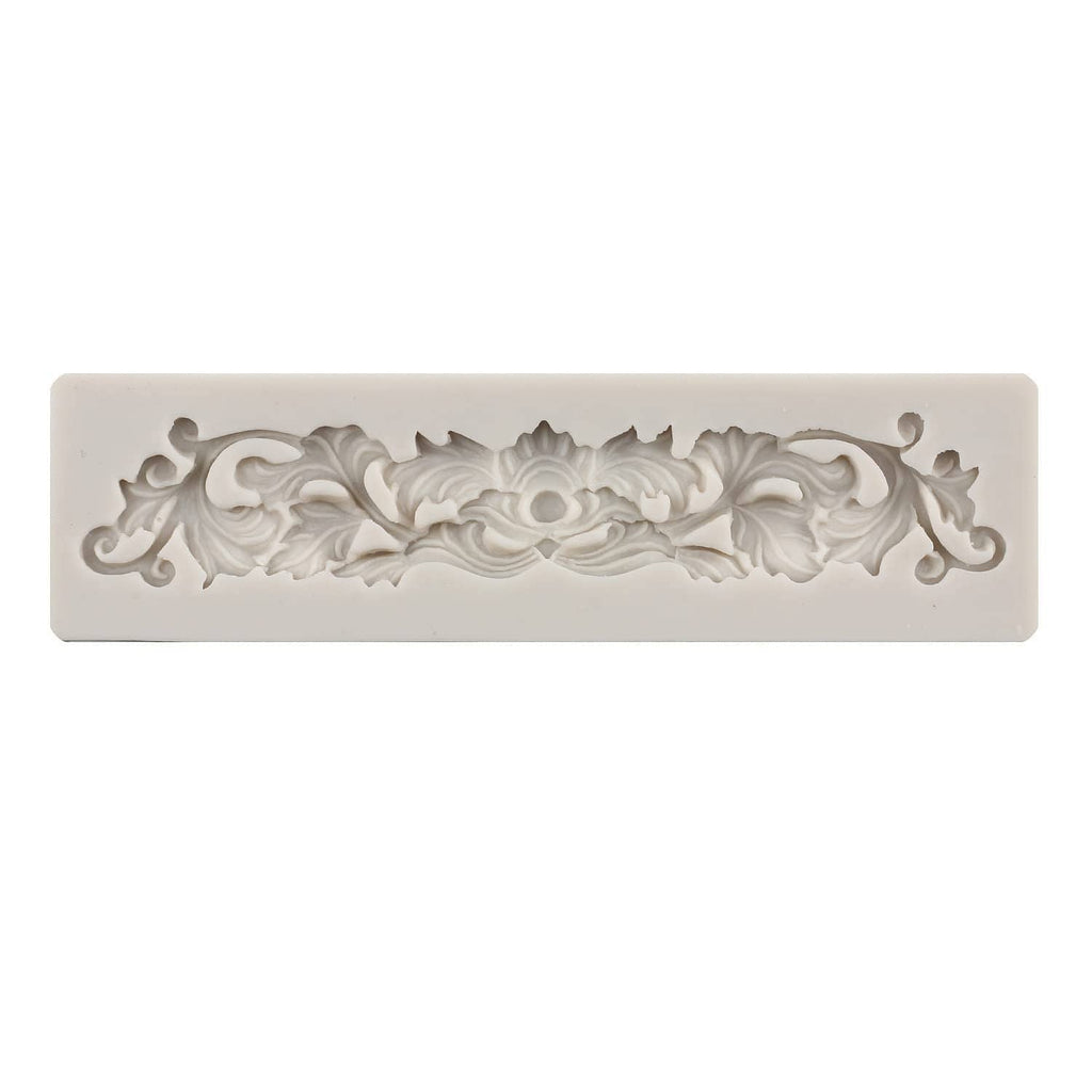 Rectangular baroque floral lace silicone mold strip with scrollwork border