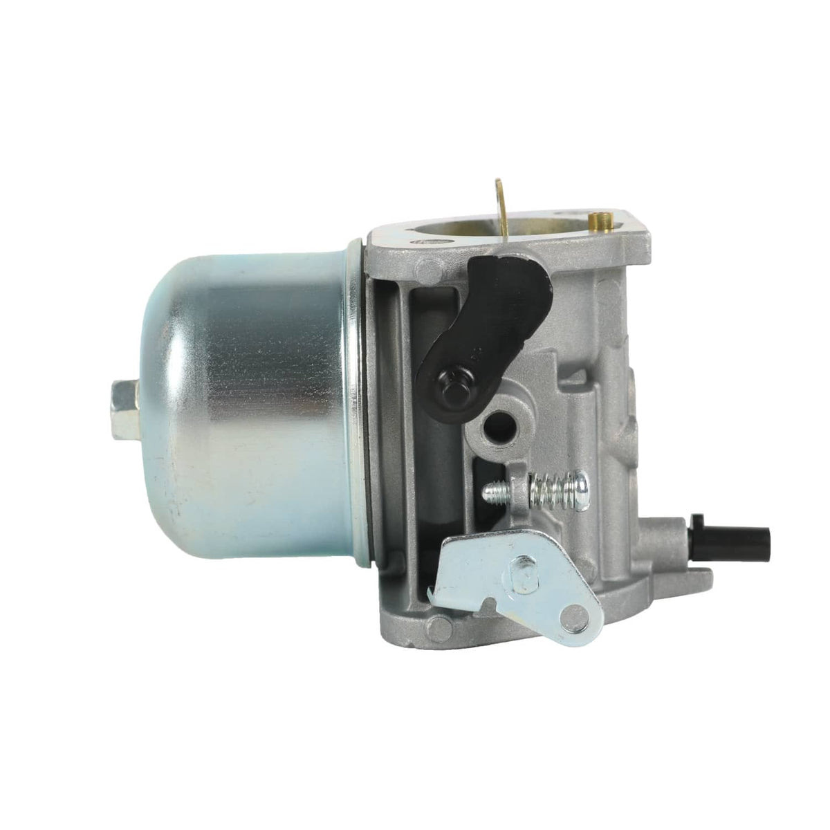 Carburetor with side-mounted control cover, metal fuel canister, and inlet pipe