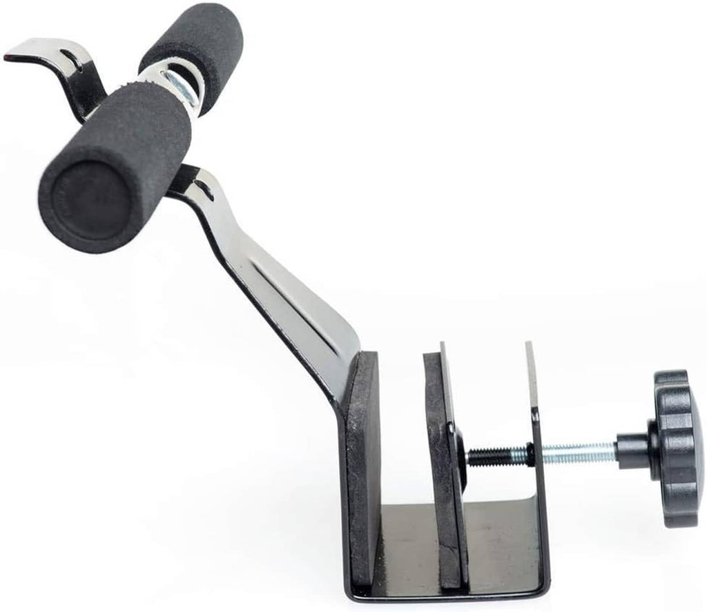 Doorway sit-up bar base with screw/rod hardware and black foam end rollers