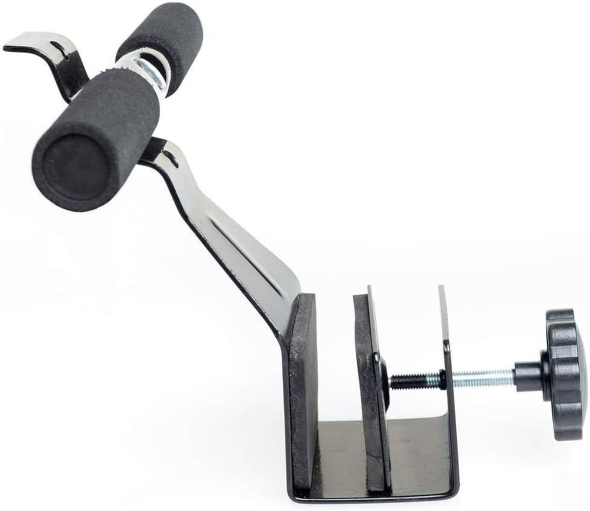Doorway sit-up bar base with screw/rod hardware and black foam end rollers