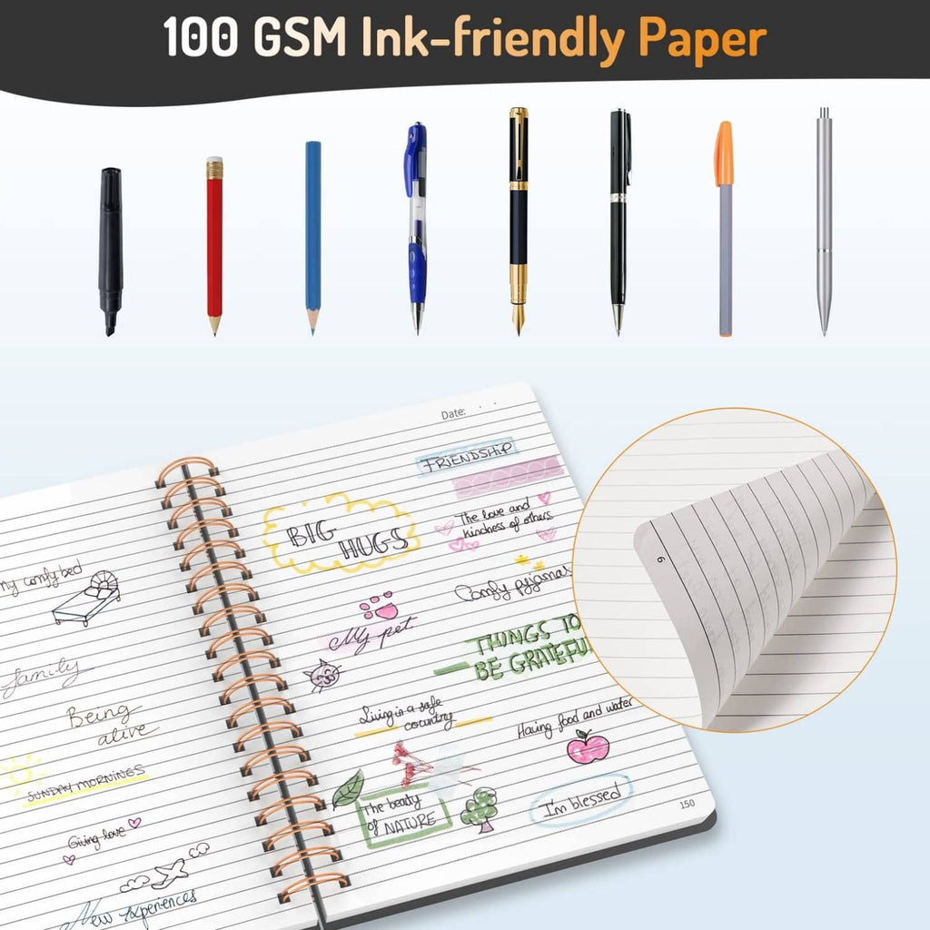 Lined spiral notebook with ruled pages and color pen illustrations