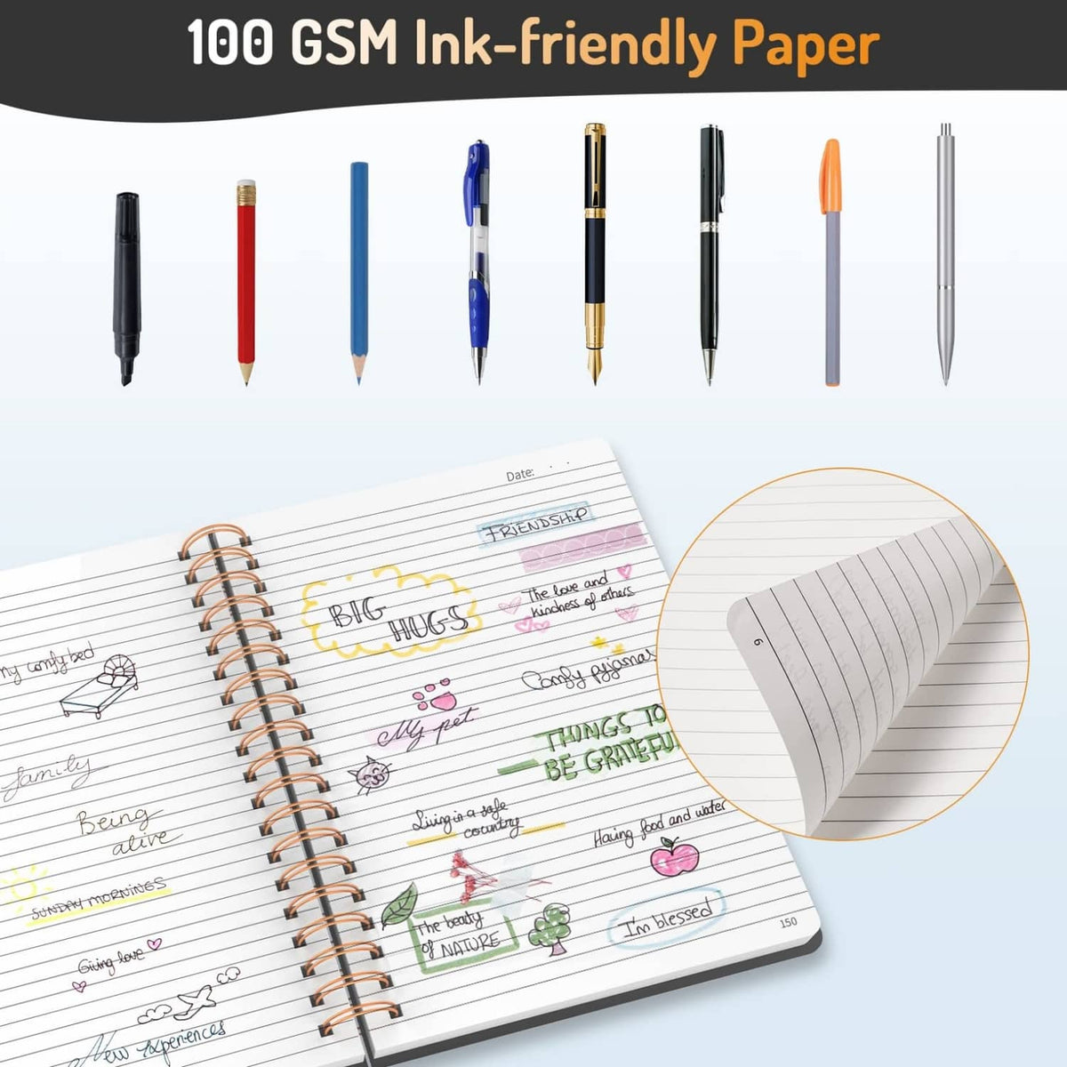 Lined spiral notebook with ruled pages and color pen illustrations