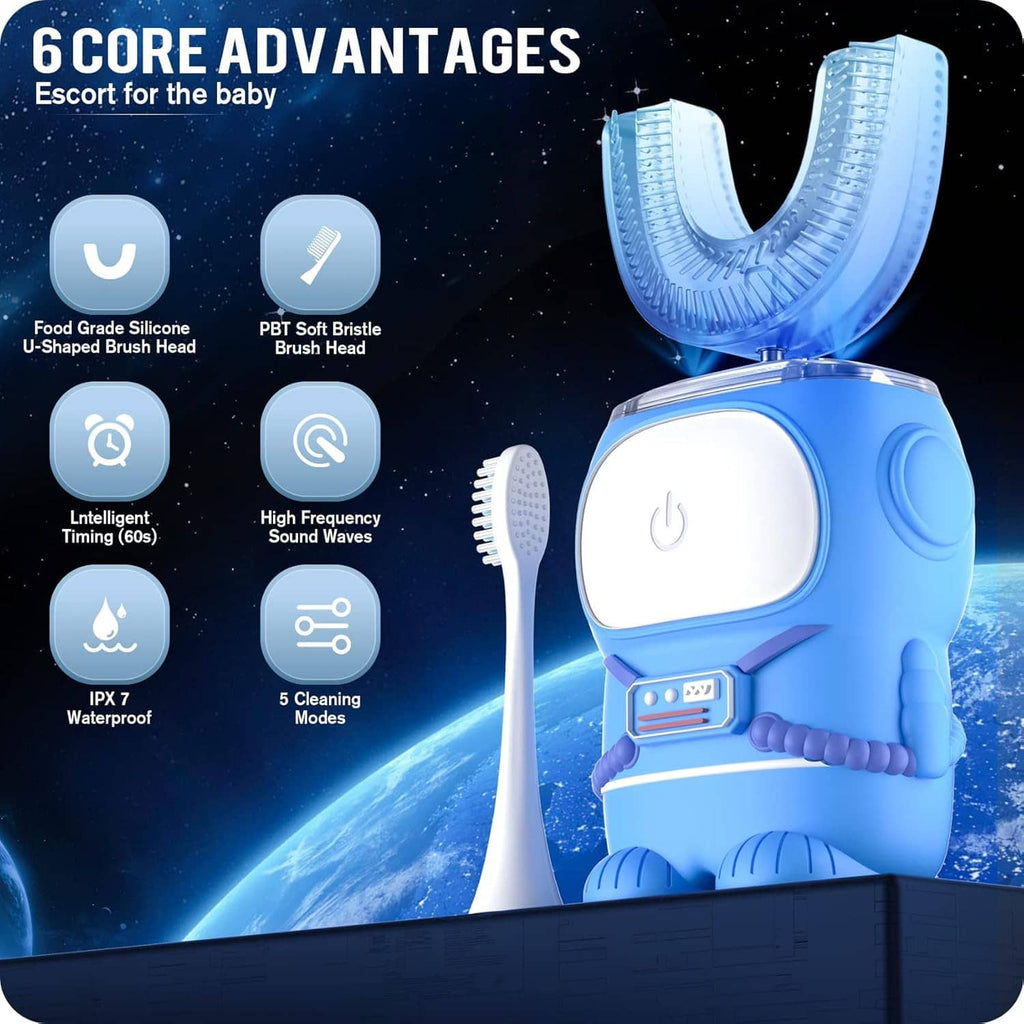 Blue U-shaped electric toothbrush with two brush heads, shown with illustrated display