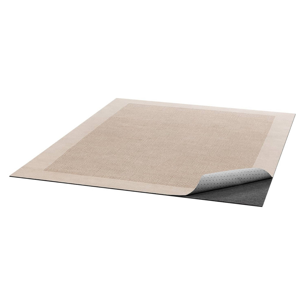 Beige felt rug pad with curled edge and dark rubber non-slip underside, 5x7 ft