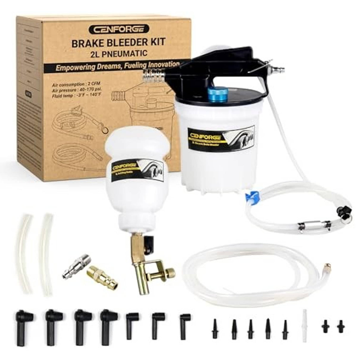 Pneumatic vacuum brake bleeder kit set with 2L tank, hose line, adapters, and fasteners