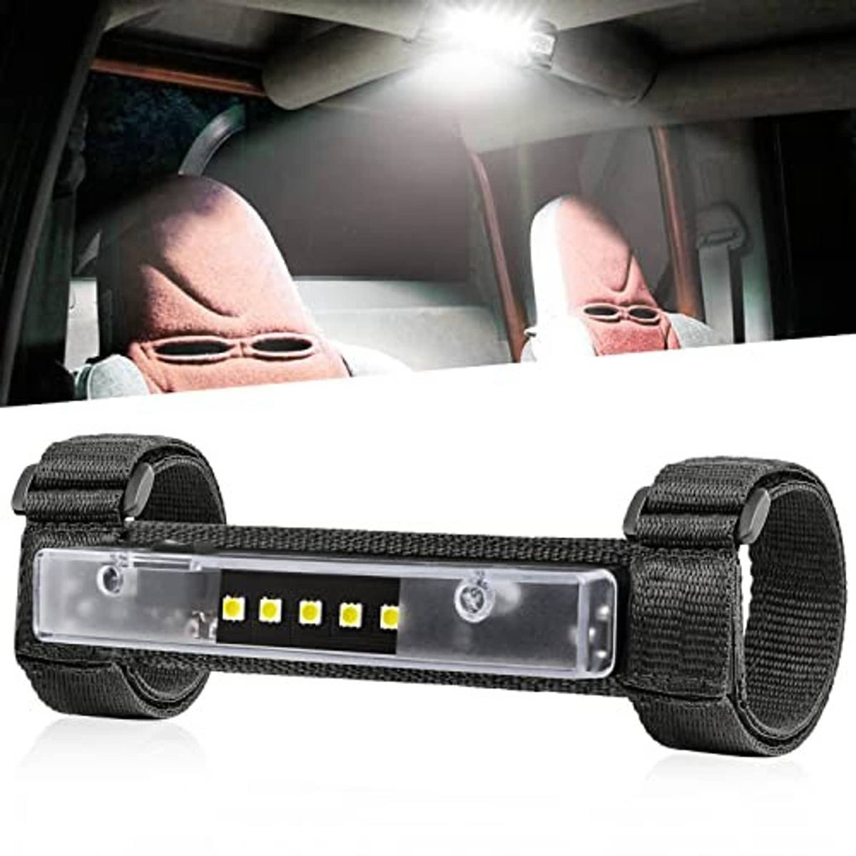 LED light bar with clear housing, 5 yellow LEDs, and two nylon mounting straps
