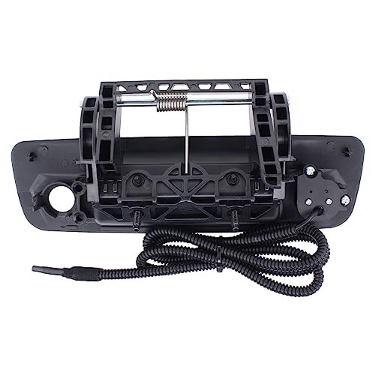 Tailgate handle backup camera unit with exposed mounting frame and wiring