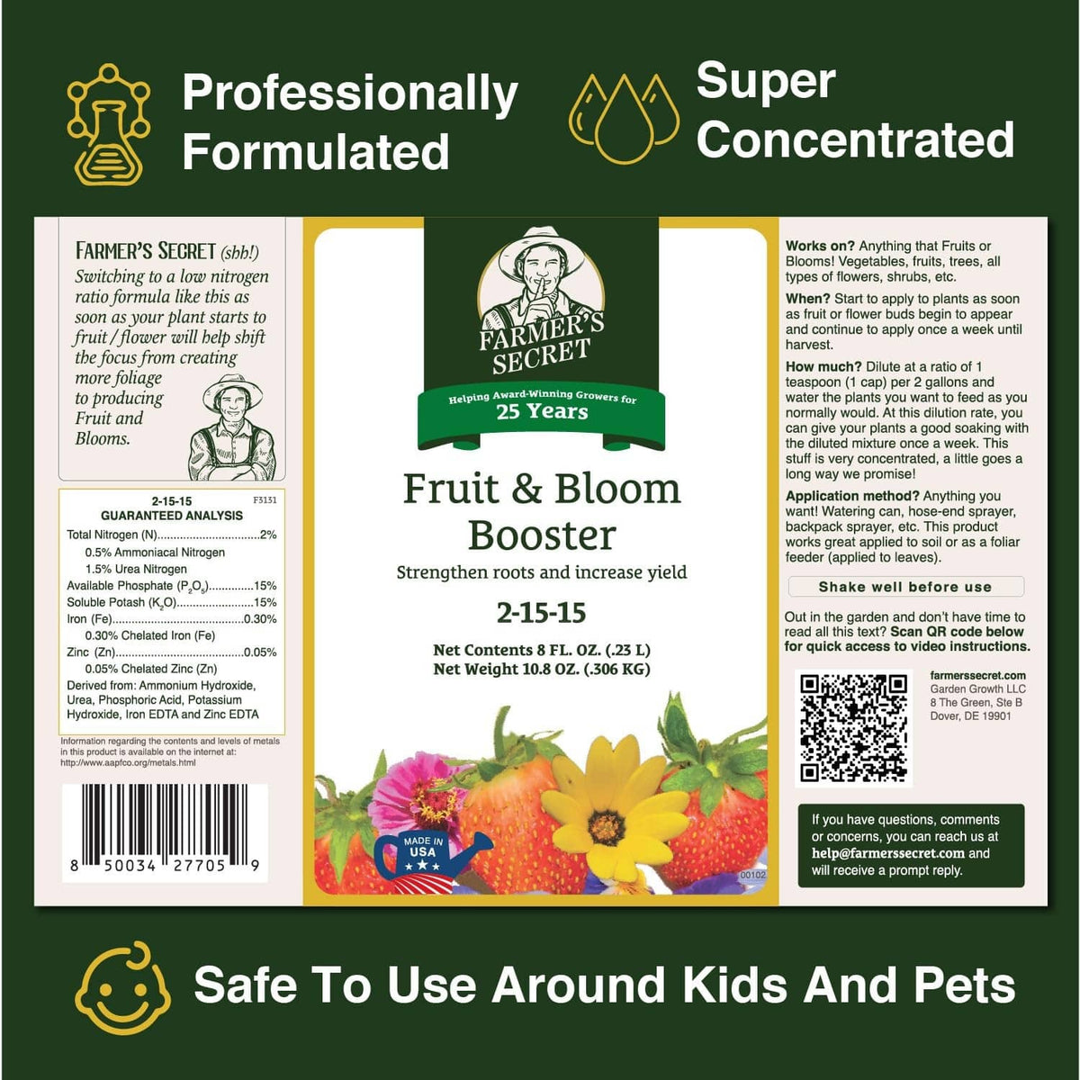 Fertilizer product label showing super concentrated and 2-15-15 NPK