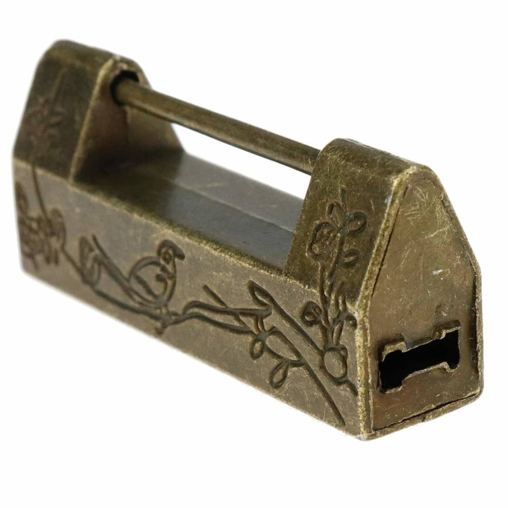 Bronze antique padlock with bird and flower engravings and open shackle gap