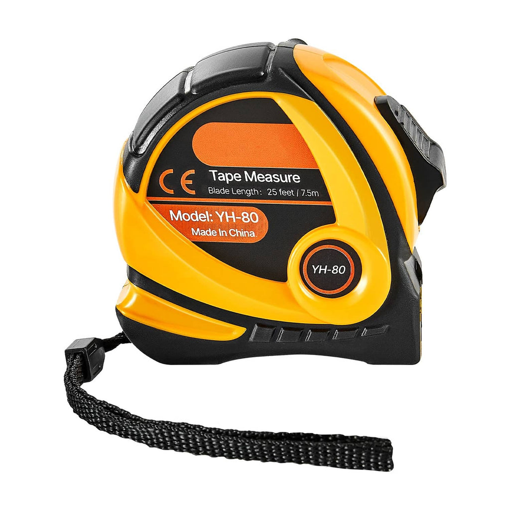 Retractable tape measure with yellow and black body, belt strap, and clear measurement markings.