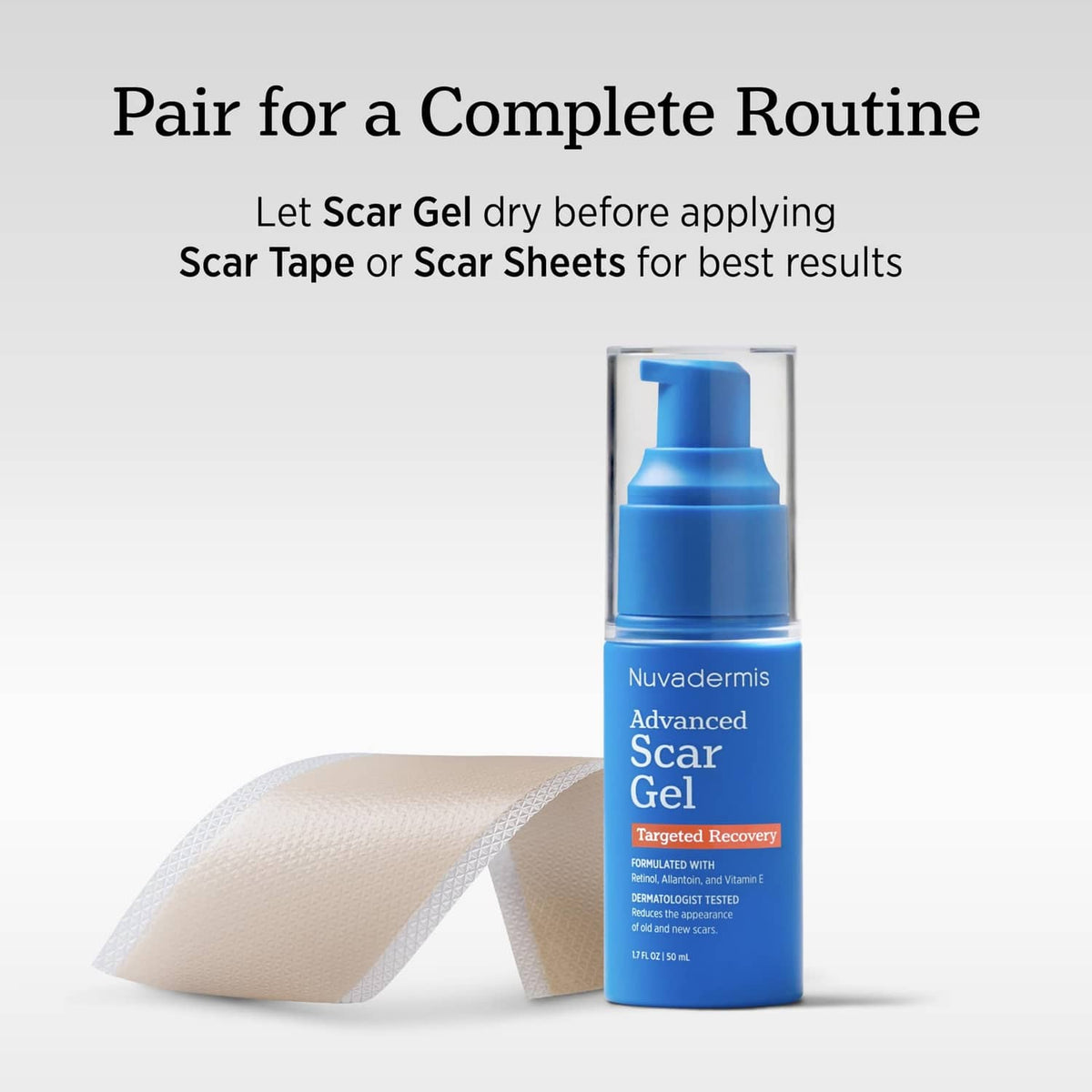 Light beige silicone scar sheet and NUVADERMIS scar gel bottle in pairing setup
