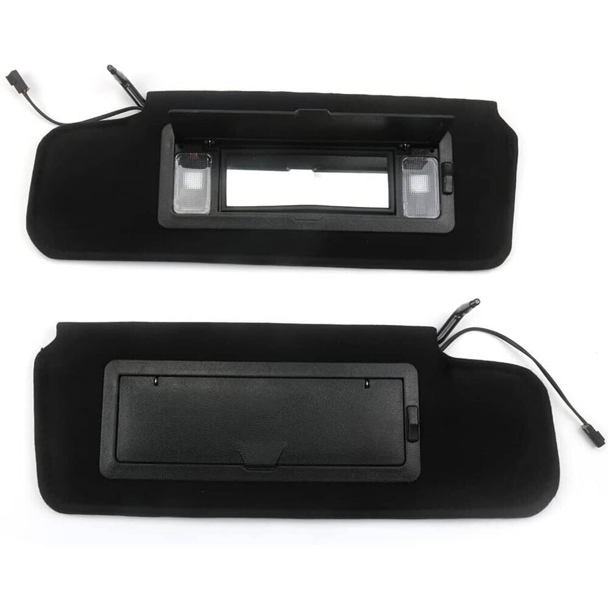 Black car sun visors set with LED vanity mirror frames and rear covers