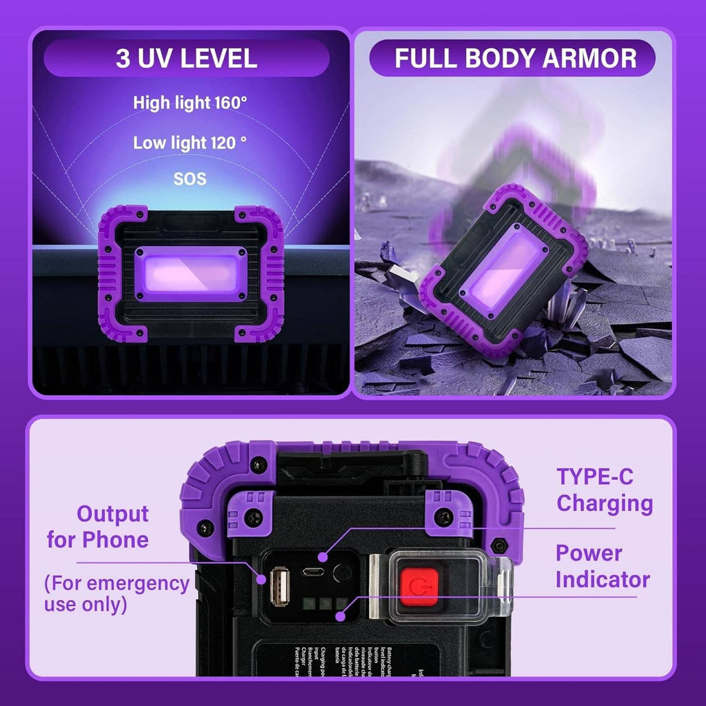 Rechargeable blacklight with purple-and-black body, UV panel, and Type-C charging port