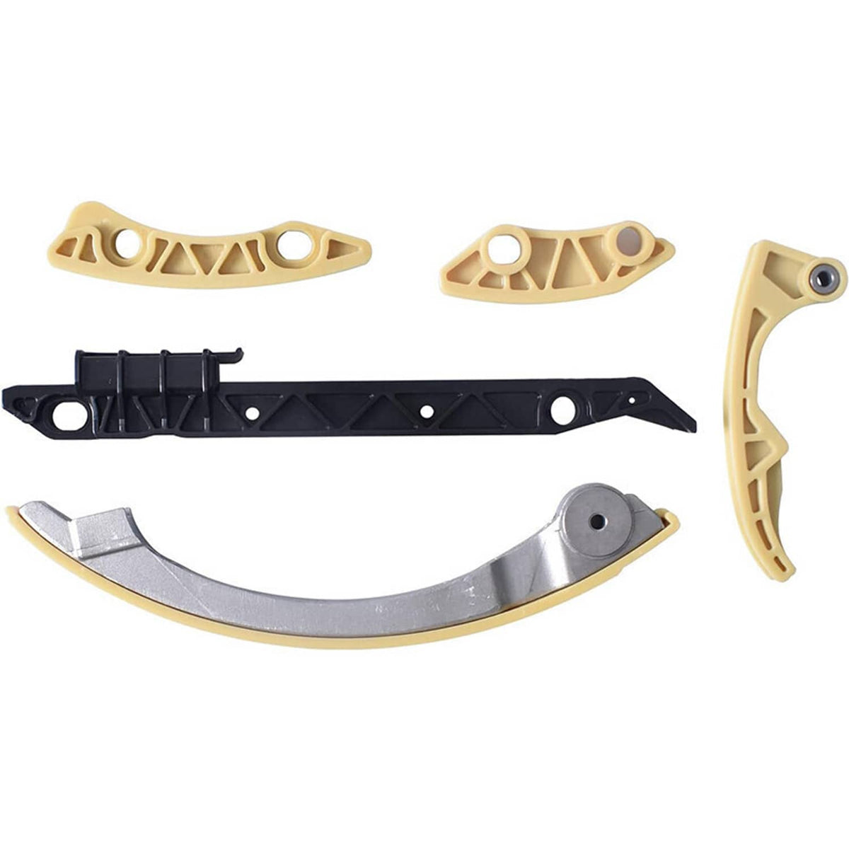 Timing chain guide and tensioner rail set with metal guide and yellow plastic supports