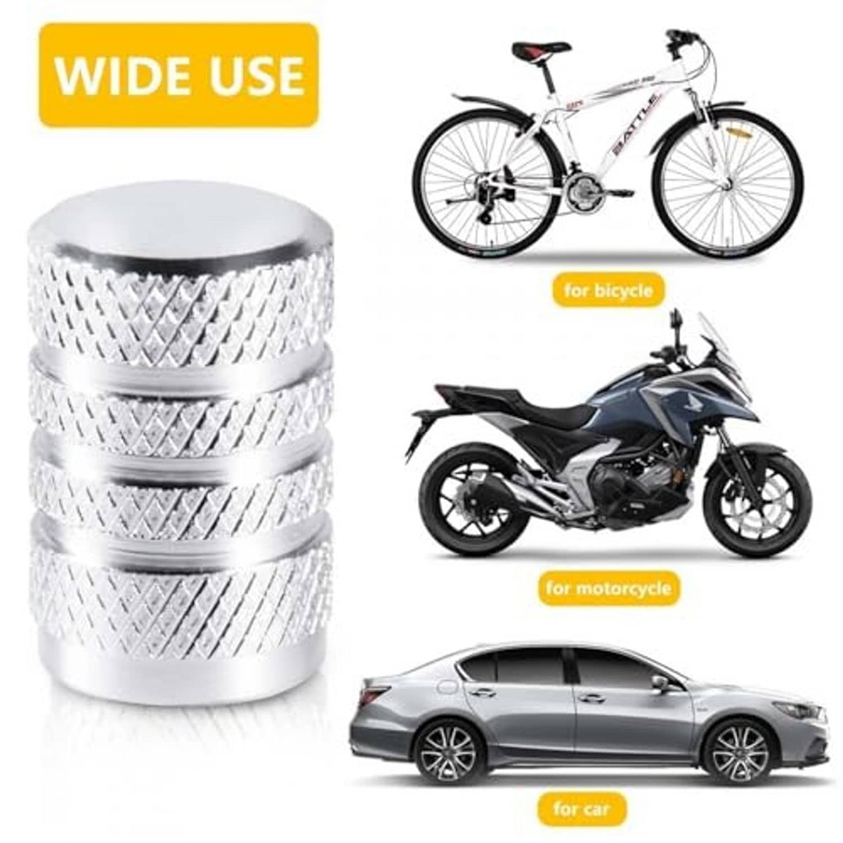 Silver knurled tire valve stem caps stack, metal valve cover set, 10-pack