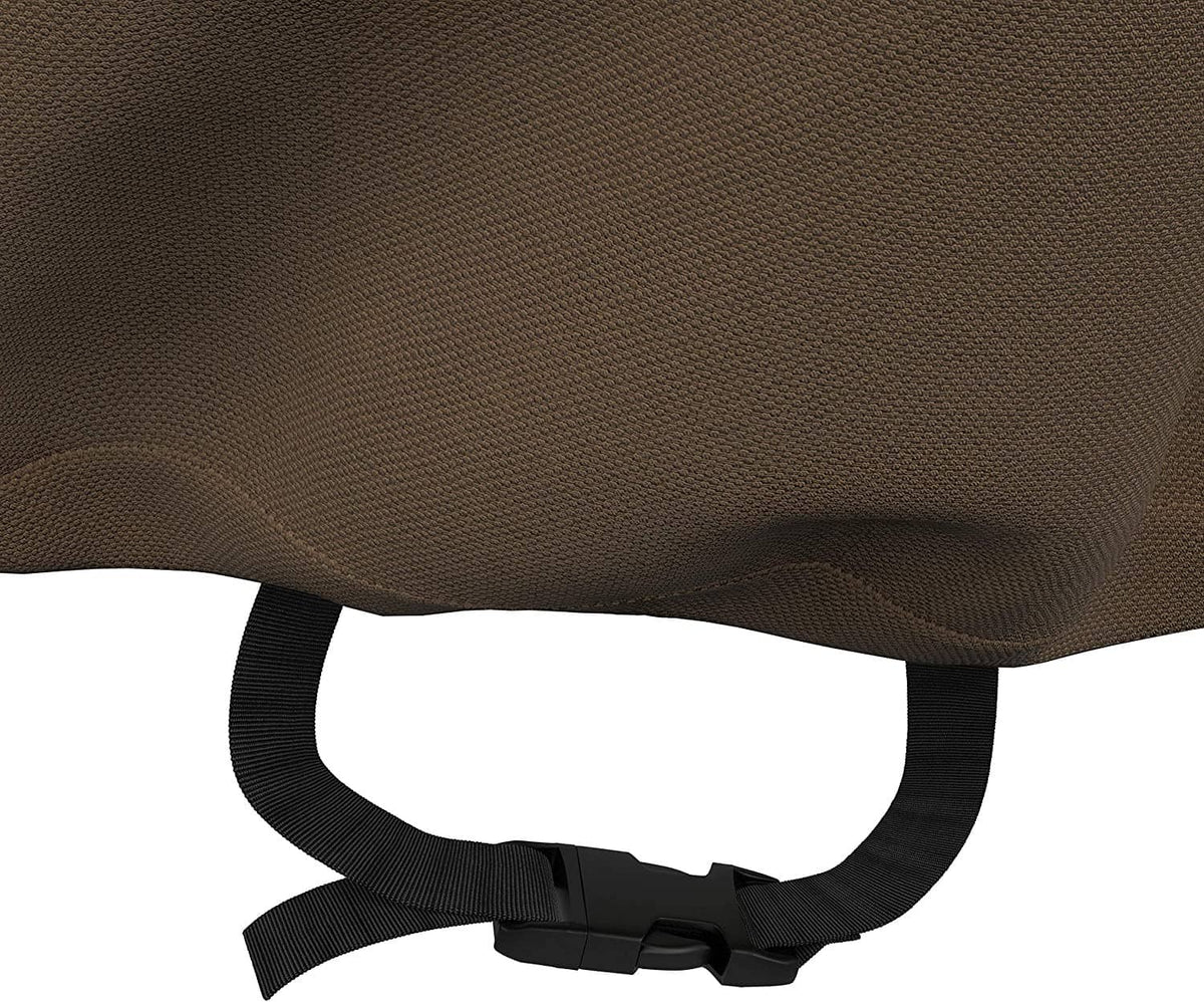 Outdoor couch cover with black elastic strap and adjustable buckle at base.