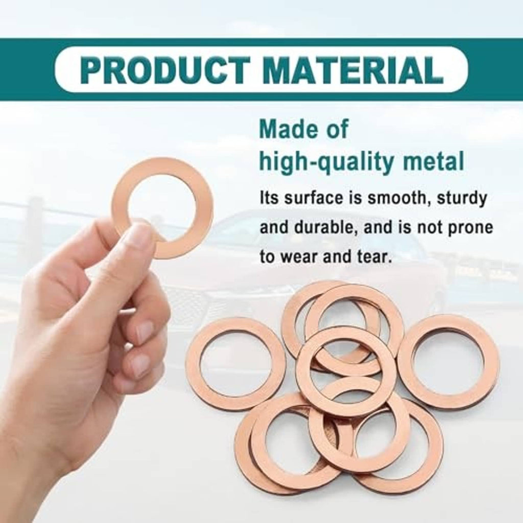 Copper metal oil drain plug gasket washers, loose set shown in a hand