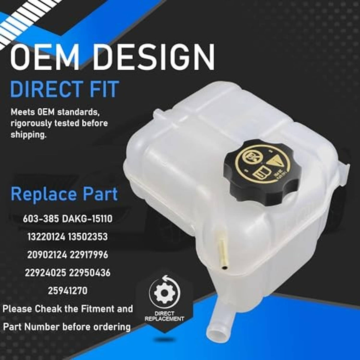 Engine coolant overflow reservoir tank with black cap and molded outlet tube