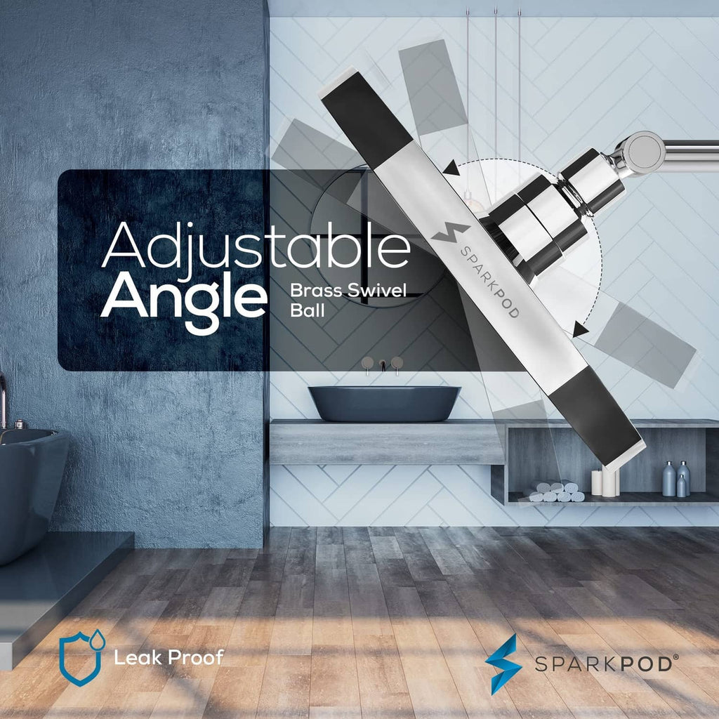 Chrome adjustable-angle rain shower head with swiveling ball joint and rainfall face