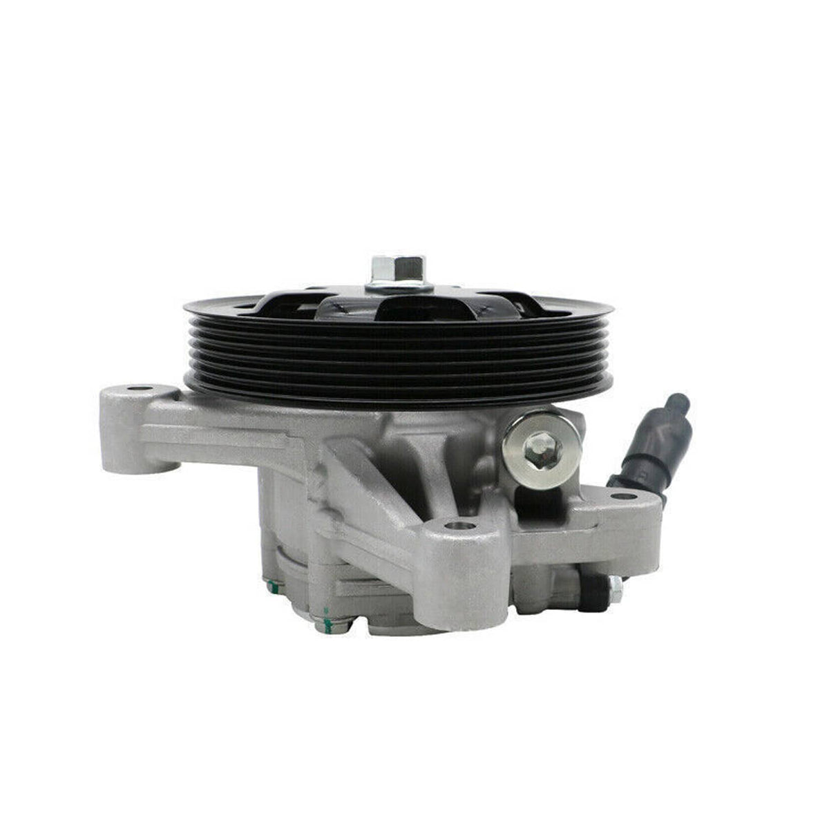 Power steering pump with black pulley and gray housing, side port and mounting ears
