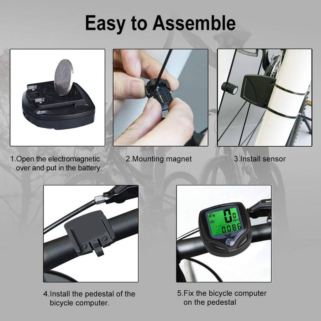 Bike computer installation steps: mount sensor, attach wires, and secure the display unit