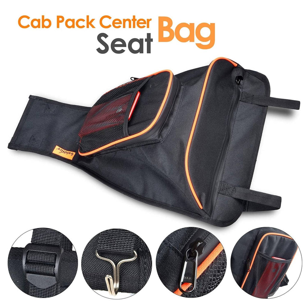 Black center seat bag with orange piping, mesh panel pocket and side storage