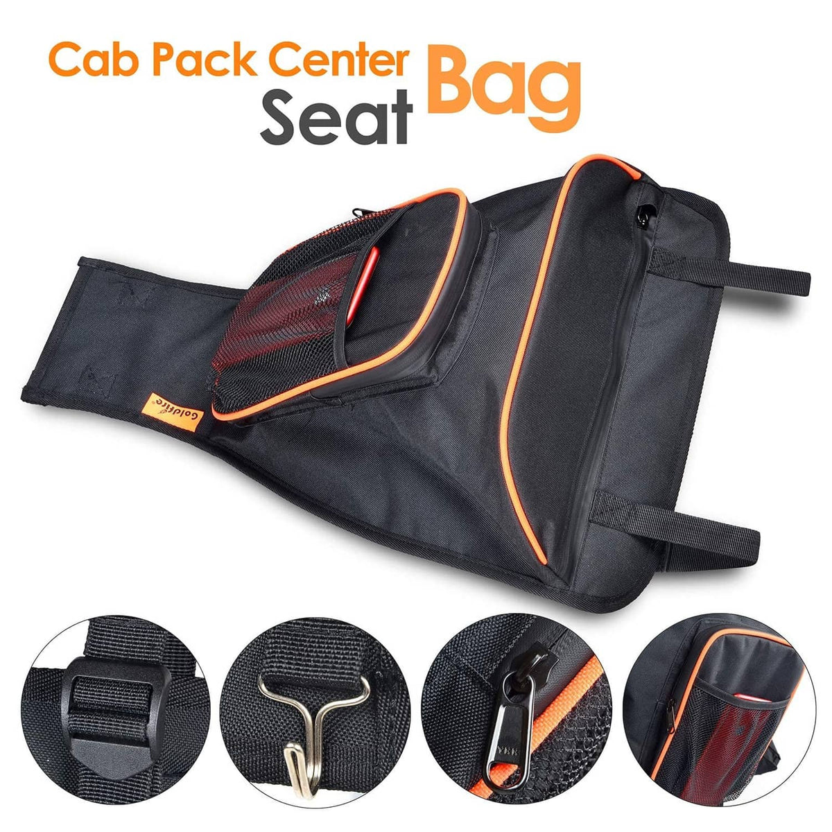 Black center seat bag with orange piping, mesh panel pocket and side storage