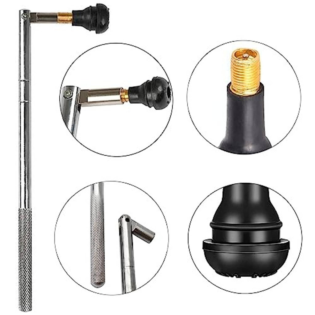 Valve stem puller installer tool with metal shaft and black rubber head, close-up details