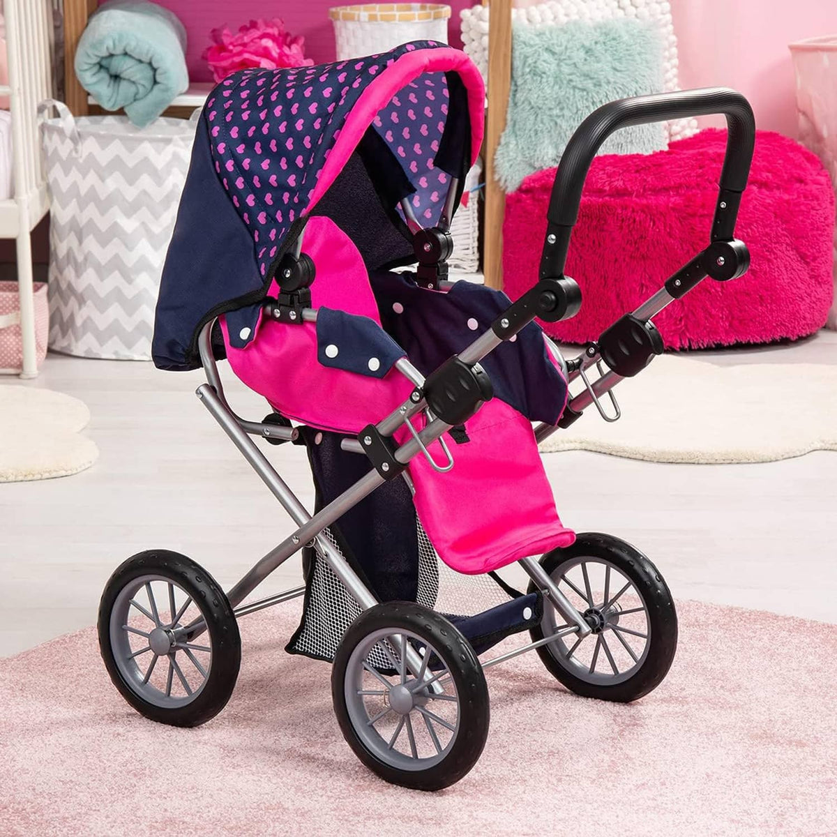 Heart print doll stroller with pink seat cover, canopy, and adjustable handlebar