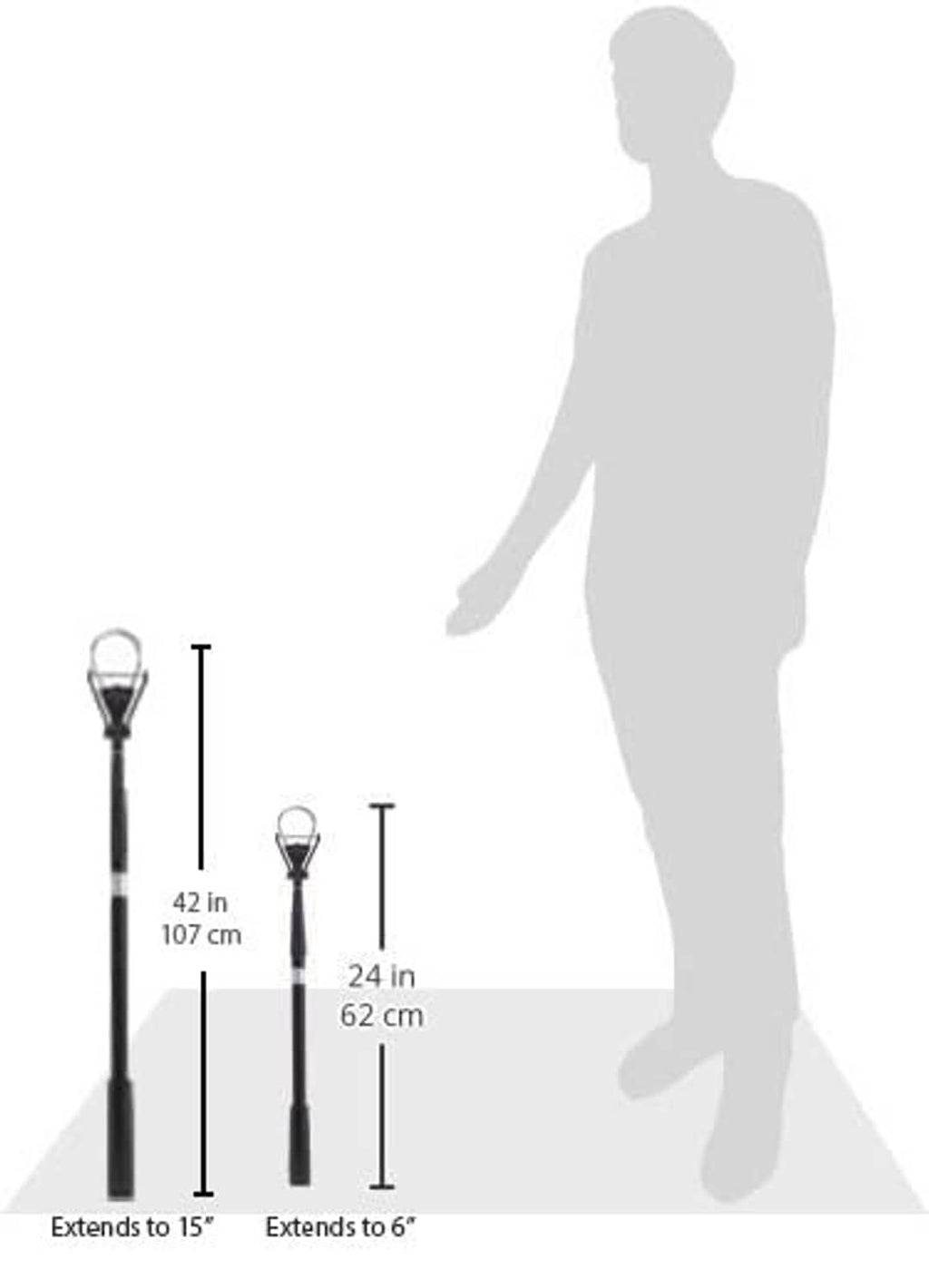 Telescopic ball retriever size chart: extends to 15 in, 42 in and 24 in