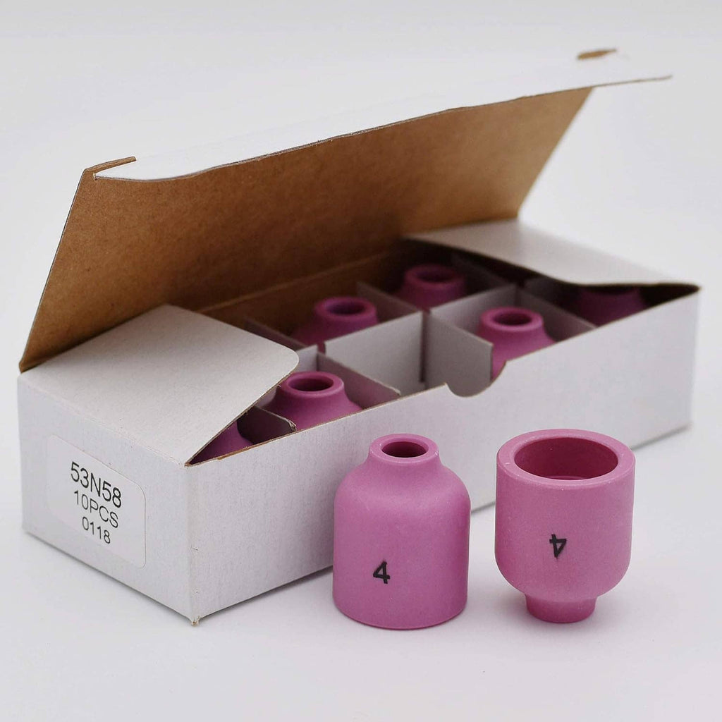 Set of purple ceramic gas lens nozzle cups in open box; marked 4