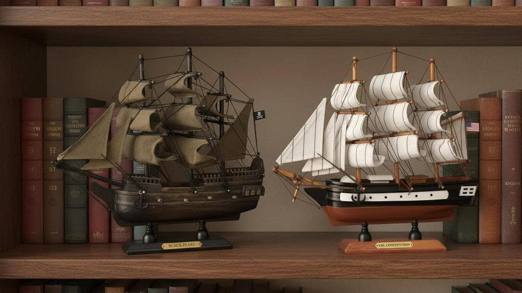 Two wooden ship models on shelf ledge, dark and white sails