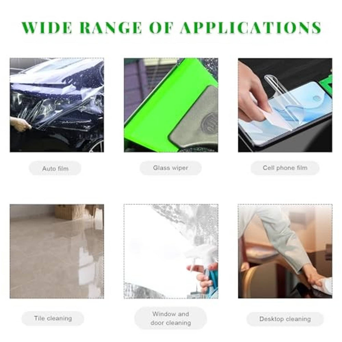 Window film squeegee kit with green scraper blade shown for cleaning and film use