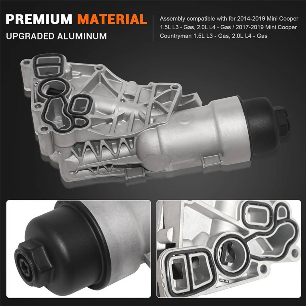 Oil cooler filter housing assembly, aluminum construction with black oil line cap