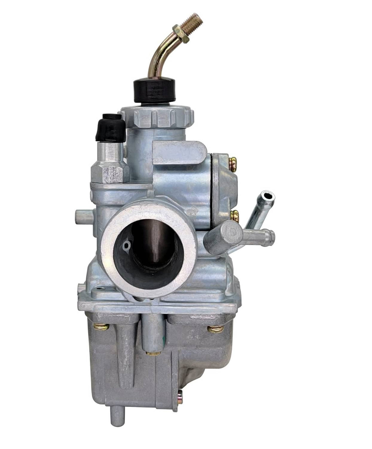 Carburetor with throttle bore opening, side valves, and vacuum hose spout