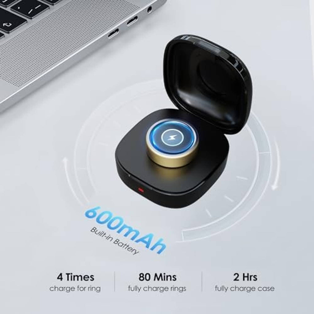 Black wireless charging case with blue-lit charging pad inside open lid