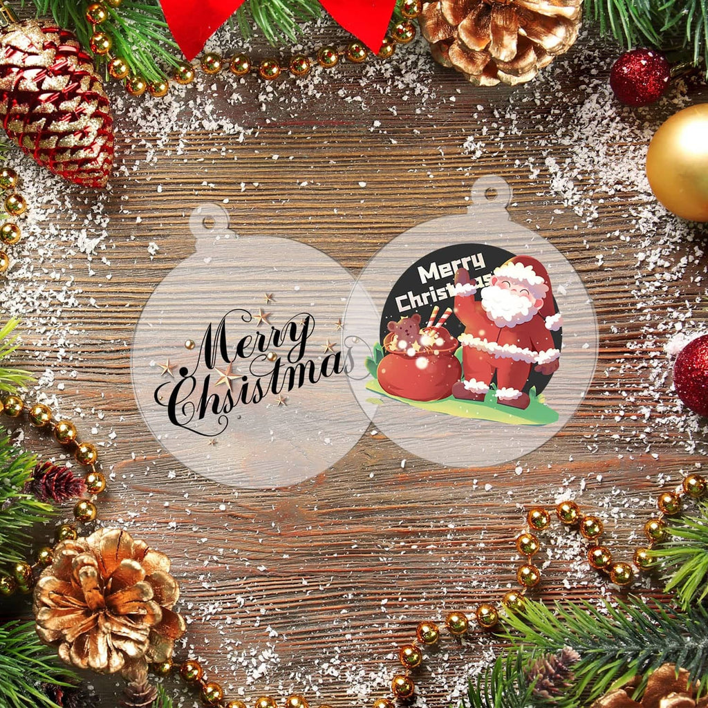 Round clear Christmas ornaments with “Merry Christmas” design and hanging loops