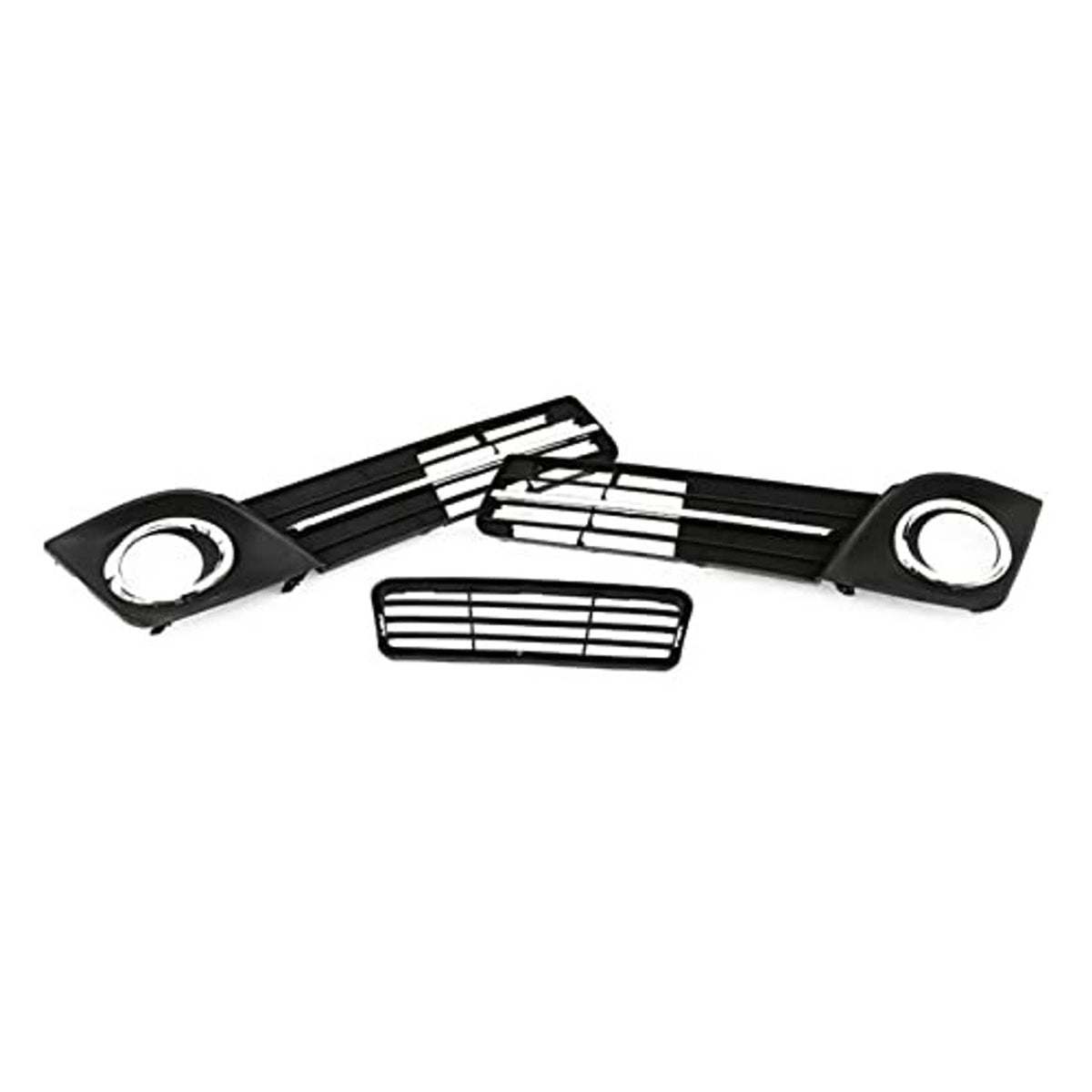 Three-piece front bumper grille covers set, black slats with chrome-ring fog openings