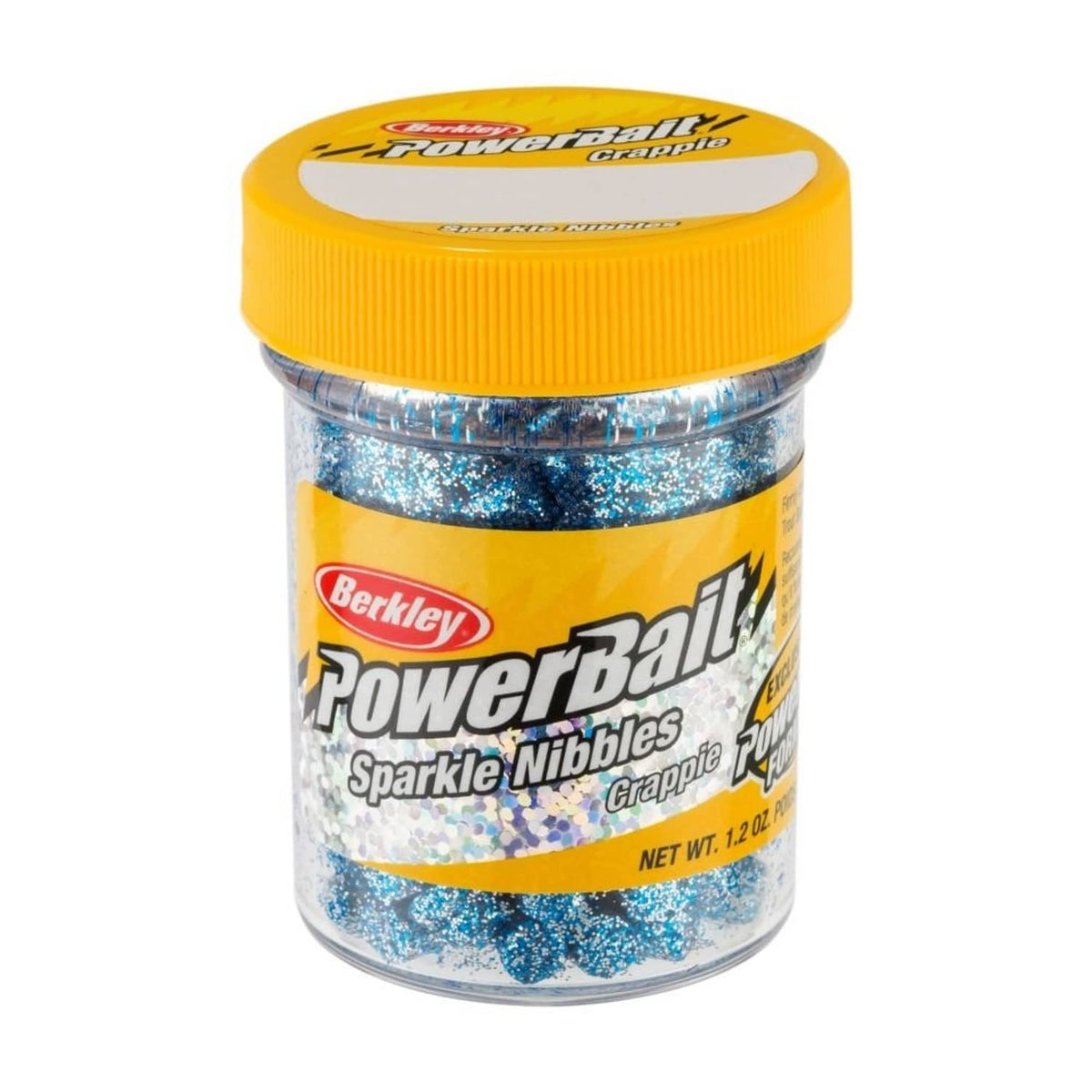 Berkley PowerBait Sparkle Nibbles jar with blue glitter bait and yellow lid
