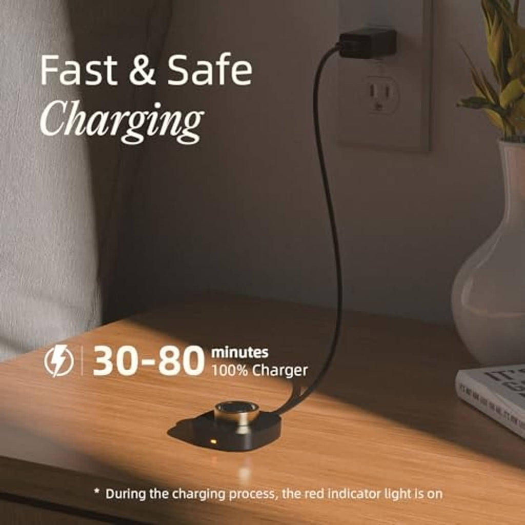 Black Ring Gen3 charging dock with round charging puck and USB cable