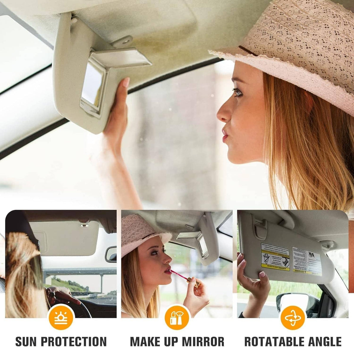 Beige sun visor in use: driver side mirror area and adjustable viewing flap