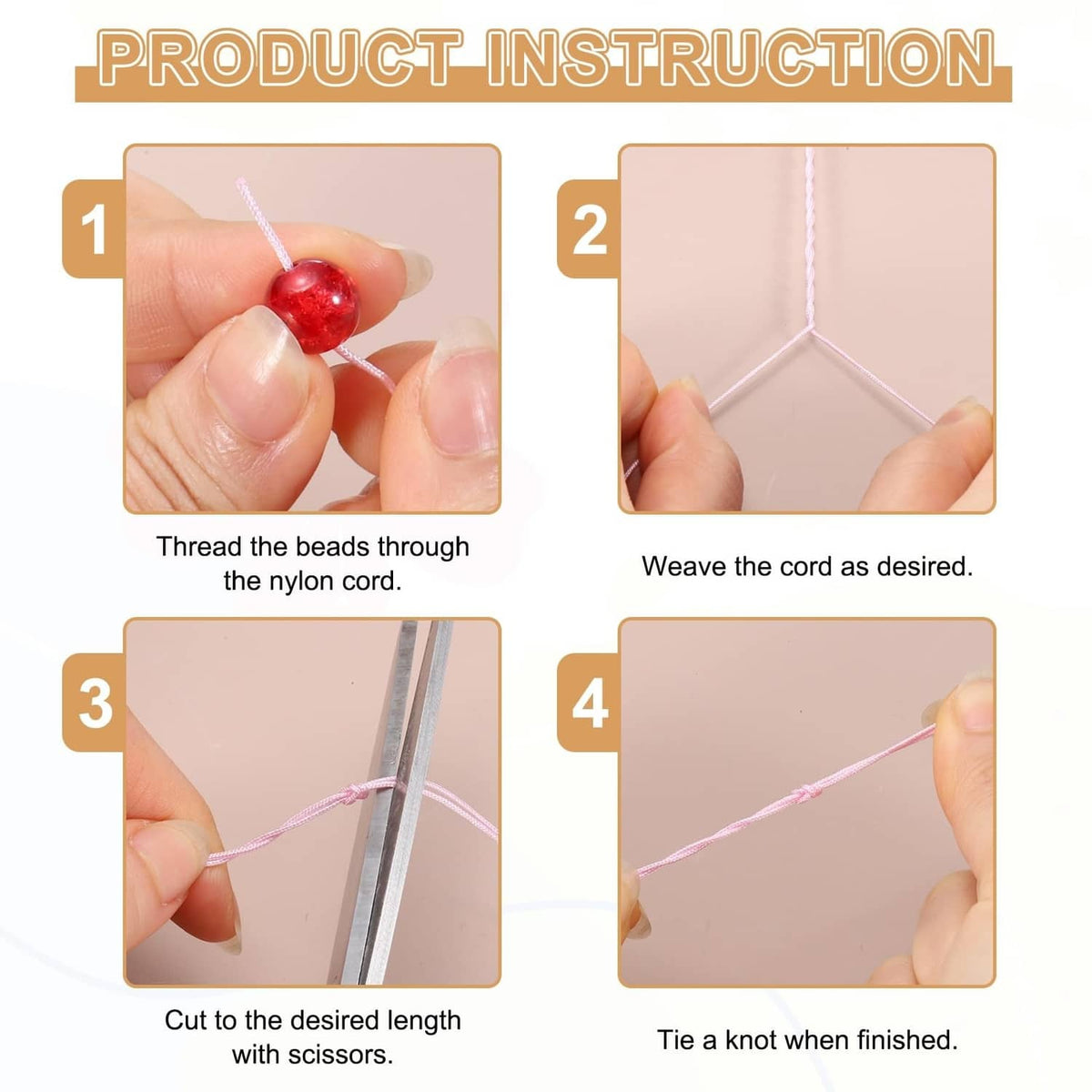 Nylon string threaded through beads shown in simple bracelet-making steps