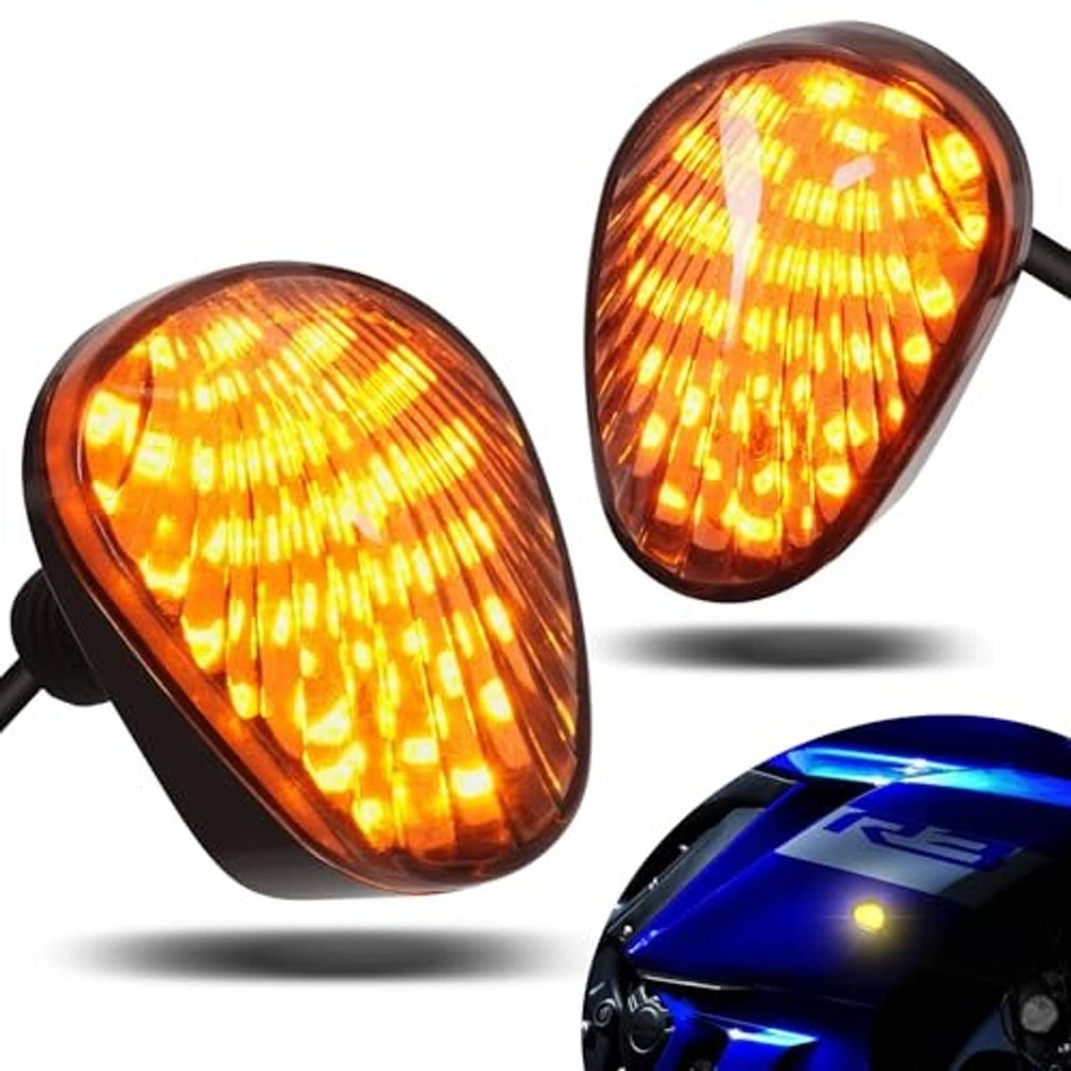 Smoked amber LED motorcycle turn signal pair with oval lenses and black housings