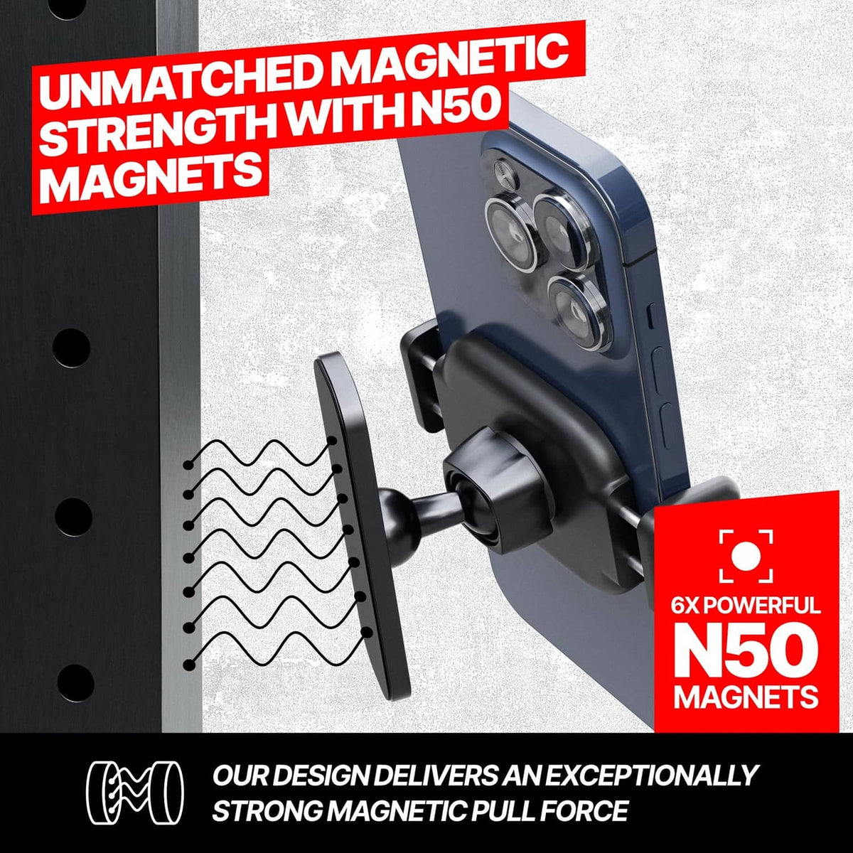 Black magnetic phone holder with magnet base shown on a metal surface.