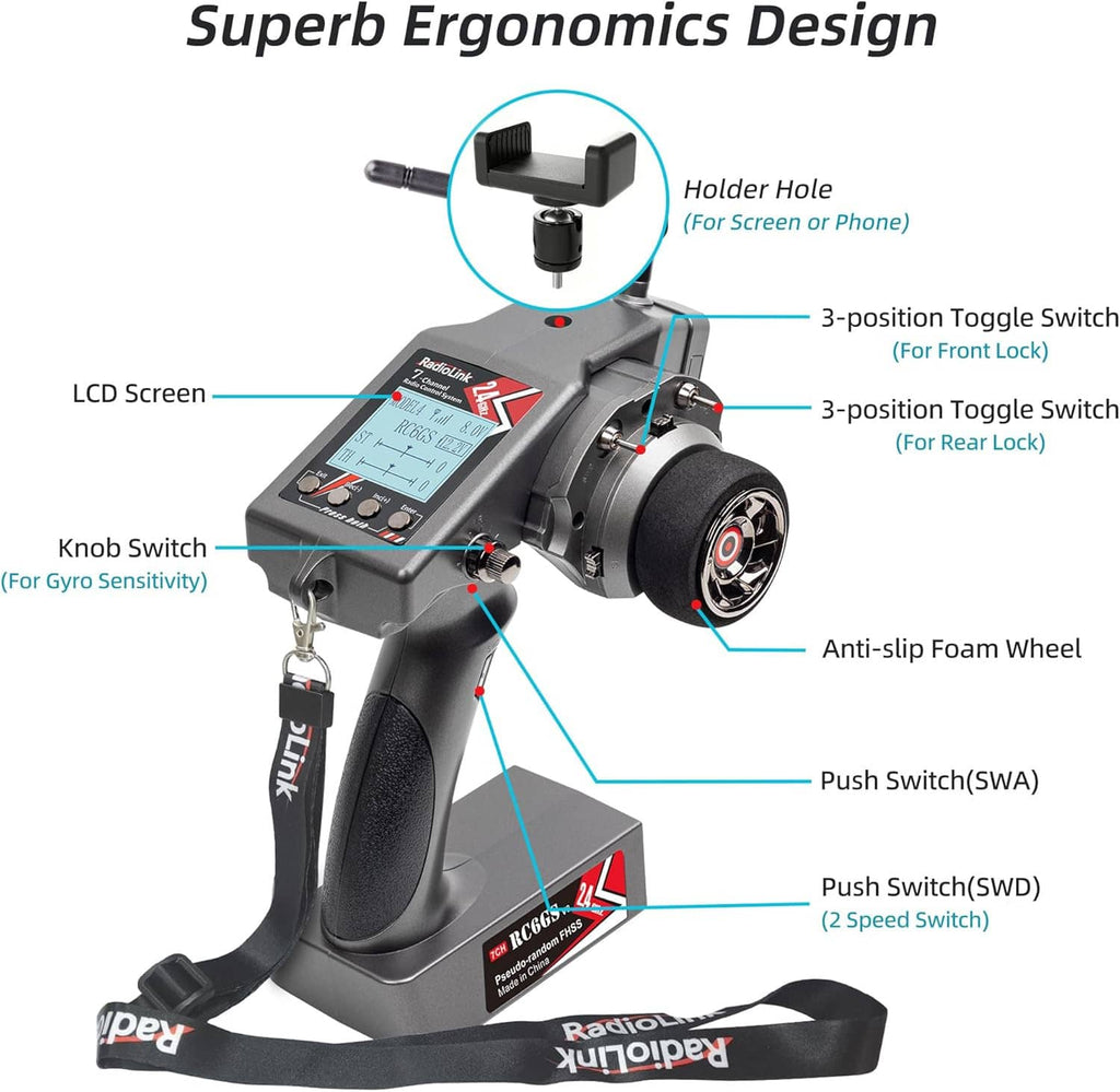 RC transmitter with LCD screen, foam wheel, toggles, and push switches, plus phone holder mount