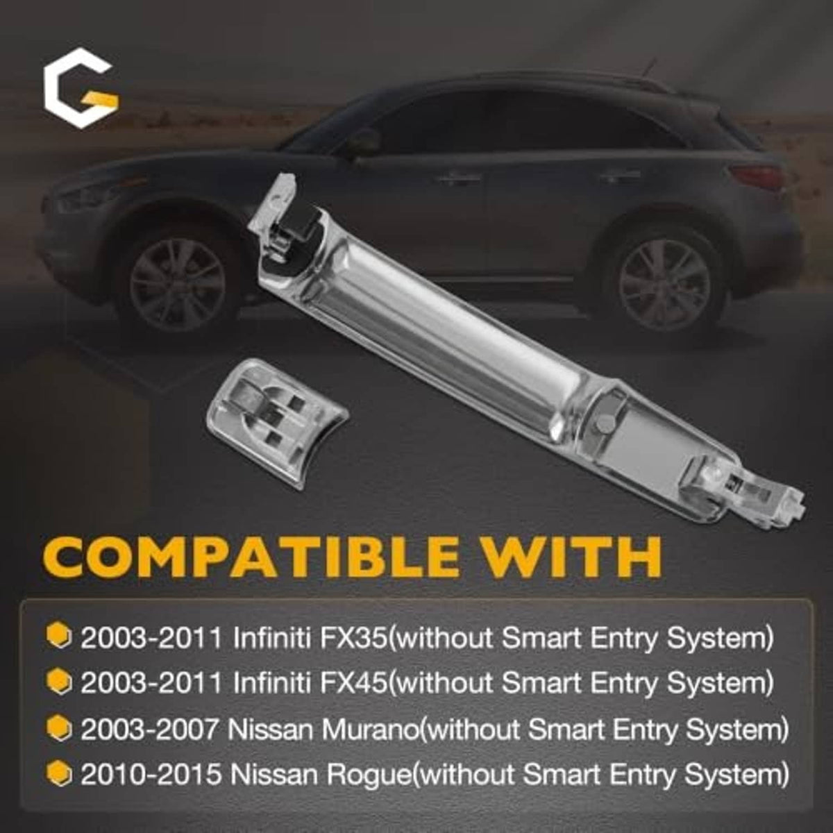 Exterior chrome door handle with bracket plates and mounting hardware